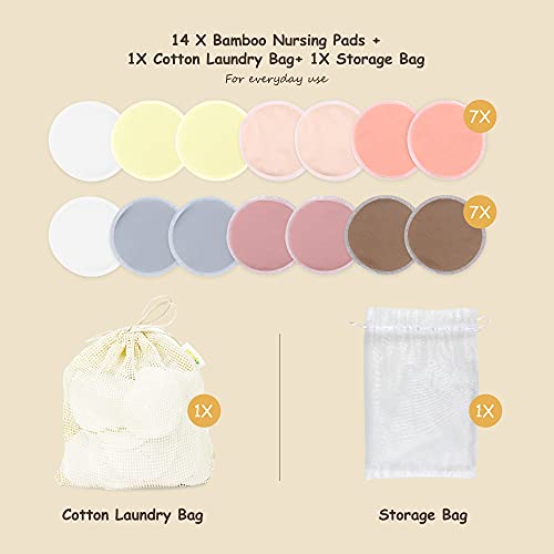 Langsprit Leak-Proof Reusable Bamboo Nursing Pads(14 Pack),Super Absorbent Washable Breast Pads With Laundry Bag (Morandi, Round) #TOP1