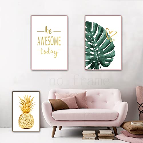 Pineapple Wall Decor Gold Pineapple Wall Art Green Leaves Painted Picture Monstera Canvas Prints Inspirational Quote Poster Be Awesome Today Wall Art Frameless For Living Room Decor 3Pcs #TOP3