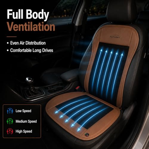 Image of Car Ventilated Cooling Seat Cushion Cover with 10 Powerful Fans & 3 Adjustable Cooling Levels, Breathable Fabric + Brown Leather Universal Fit for All Cars, Large Airflow