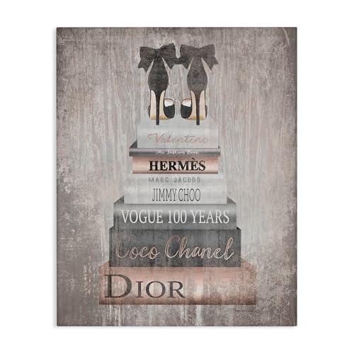 Image of 'Book Stack Heels Metallic Pink'| Canvas Art | Stupell Industries | 24 x 30 Inches, Easy to Hang and Sturdy, Made in USA, by Amanda Greenwood