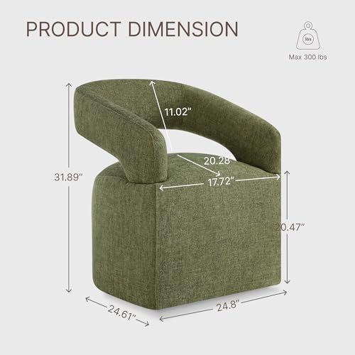 Image of KISLOT Upholstered Dining Chairs Set of 1, Modern Arm Kitchen & Dining Room Chairs with Hidden Casters, Linen Fabric Padded Rolling Chairs, Sturdy Wood Frame, 300 lbs Capacity, Moss Green