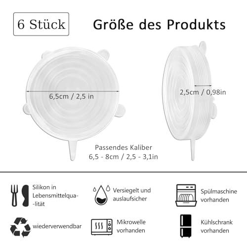 Silikondeckel, 6 Stück Silikondeckel Dehnbar, 6,5cm Dehnbare Silikon Deckel, Joghurtbecher Silikons Deckel, Silikon Deckel Stretch, für Gläser, Obst, Schalen, Becher, Feinkostgläser, Joghurtbecher