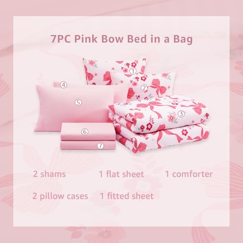 Image of Full Size Comforter Set for Girls Pink Bow Floral 7 Pieces Bed in a Bag