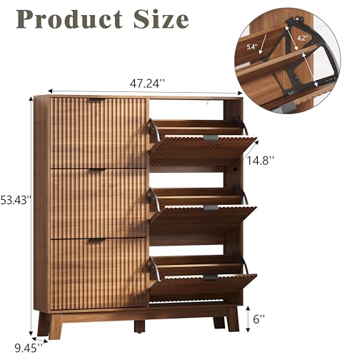 Image of Shoe Cabinet Storage for Entryway with 6 Flip Drawers, Fluted Narrow Shoe Organizer with Wooden Legs, Freestanding Slim Shoe Storage Hidden Shoe Rack Organizer for Front Door Entrance, Walnut