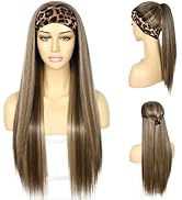 SAPPHIREWIGS Straight Headband Wig Ready to Go Glueless Synthetic Highlight Brown Headband Wigs L...