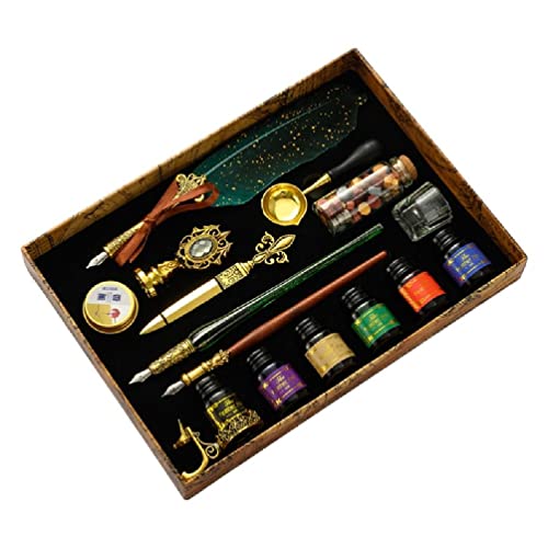 Retro Writing Quill Dip Pen Wax Kit Exquisite Wood Dip Pen Glass Calligraphy Pen Quill Dip Pen Set Gift For Beginners Calligraphy Pen Penholder Set With Ink Professional For Writing Beginners Left #TOP27