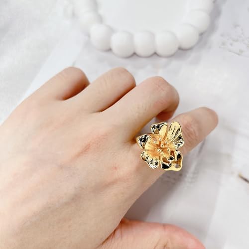 Vintage Gold Flower Ring for Women Adjustable Statement Trendy Floral Finger Rings Elegant Wedding Promise Band Stackable Comfort Fit Summer Beach Bohemian Holiday Chic Jewelry for Her3