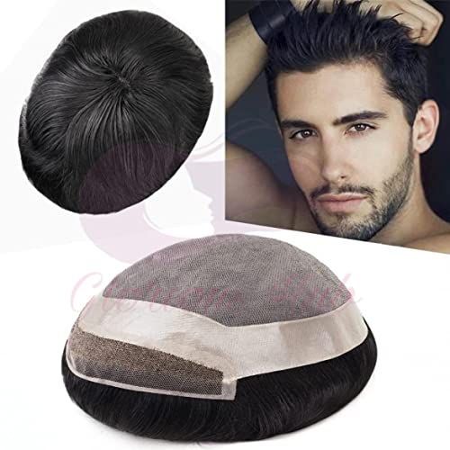 Image of PREMIUM LACE 7x5 Natural Front Hairline Patch for Men | 100% Remy Human Hair Wig | Real and Discreet Hairline Toupee | Durable Mono Base with Fine Lace Hybrid System | Can be Fix with Hair Patch Clips, Tape or Glue | Natural Black Shade |