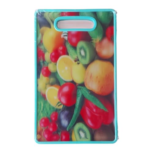 Image of Plastic Cutting Board with Handle, Turquoise Blue, 3D Fruits and Vegetables Design, L33- W23 Size, Rectangular Shape, Lightweight and Easy to Clean