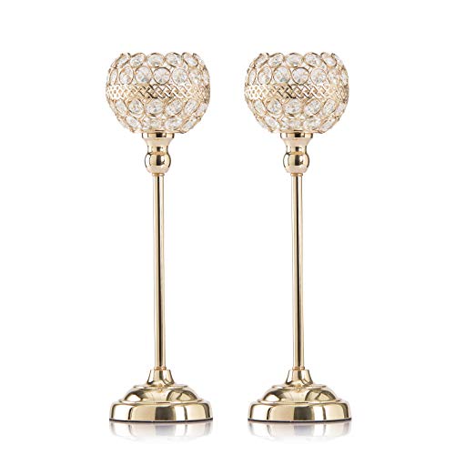 Gold Crystal Candle Holders Set of 2, Skyera Dining Table Tall Taper Tealight