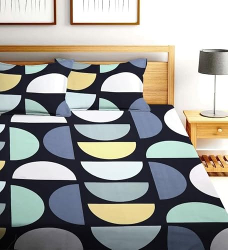 Image of Cotton Feel Glace Cotton Elastic Fitted Printed King Size Double Bed Bedsheet with 2 Pillow Covers (72 inchx78 inch, Black Box)
