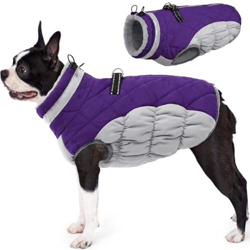 Image of AOFITEE Dog Coat, Warm Dog Jacket, Reflective Winter Coats for Medium Dogs, Turtleneck Dogs Winter Jacket with Harness Built in, Waterproof Windproof Pet Fleece Vest Puffer Jacket, Purple M