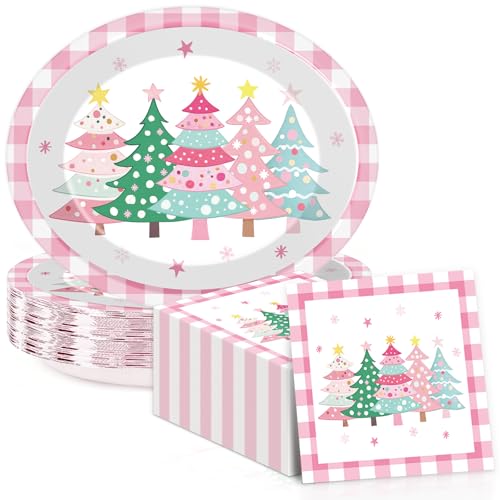 50Pcs Christmas Trees Oval Paper Plates 11inch Christmas Watercolor Plates and Napkins Pink Xmas Trees Disposable Dinnerware Tray Serve 25 for Winter Xmas Holiday Family Gatherings Party Supplies