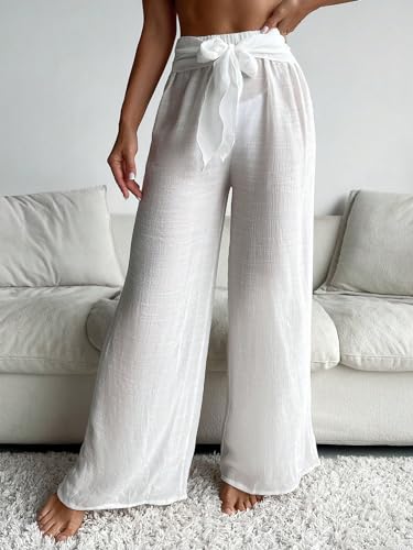 COZYEASE Women's Beach Cover Up Pants Mesh Tie Front Wide Leg Loose Bathing Suit Cover Up Beach Pants3