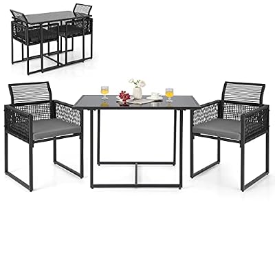 HAPPYGRILL 3 Pieces Outdoor Patio Dining Set, PE Rattan Furniture Set with Cushions, Tempered Glass Tabletop, Space-Saving Rattan Dining Chair Table Set for Backyard Poolside Balcony