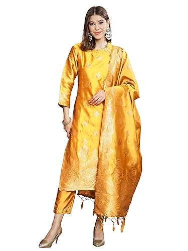 Image of VredeVogel Women's Cotton Silk Jacquard, Banarasi Silk Kurta Pant With Dupatta Set