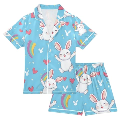 senya Rabbit Rainbow Happy Satin Summer Pajama Sets Silk Short Sleeve Button Down Sleepwear