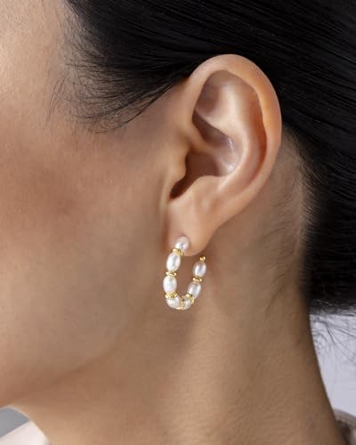 PAVOI 14K Gold-Plated Classic Pearl Hoop Earrings for Women | Freshwater Pearl Earring Pair2