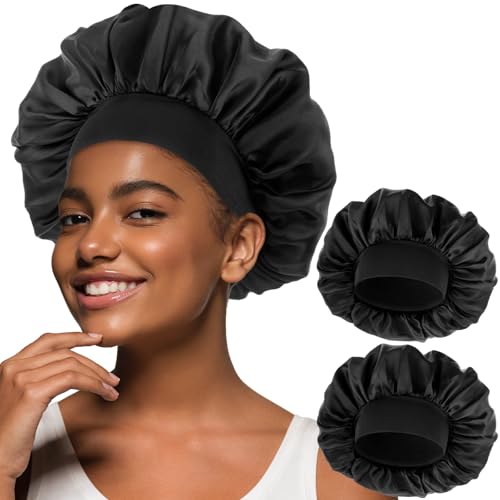Dimeho 2 Pcs Silk Bonnet for Men Hair Bonnet for Sleeping Satin Bonnets Adjustable Single Layer Silky Hair Wrap Reversible Sleep Cap Curly Braids Slouchy Beanie for Women (Black)