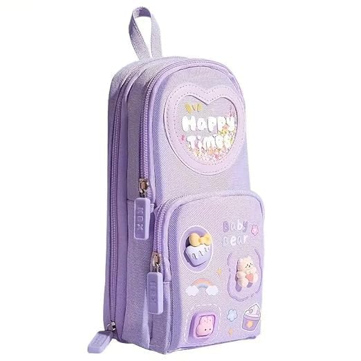Image of Invite Enterprise Three Layer School Bag-Shaped Pencil Pouch, Large-Capacity Pencil Pouch with Zipper, Multipurpose Pen & Pencil Case for School Supplies for Boys & Girls (Purple - Happy Time Pouch)
