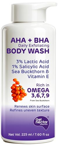 Image of Get Nectar Happiness Korean Glow Essence AHA-BHA Body Wash | 4% Actives (3% Lactic Acid + 1% Salicylic Acid) | Omega 3,6,7,9 | Exfoliating Body Wash for Tan, Body Acne & Smooth Glowing Skin | Sulfate & Paraben Free | For Men & Women | 225ml