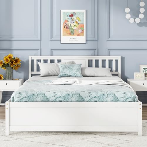 Giantex Queen Size Solid Wood Platform Bed Frame, Mid Century Queen Bed Frame with Headboard, Wooden Slat Support, Queen Panel Bed, No Box Spring Needed, Easy Assembly, White
