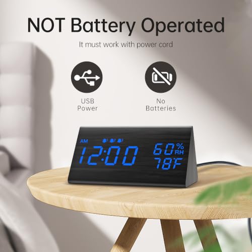 Image of JALL Wooden Digital Alarm Clock for Bedrooms and Office, 3 Alarms with Big Digits, Humidity and Temperature Display, 6-Level Dimmer, Snooze, Loud Desk Clock for Heavy Sleepers, Plug in (Black)