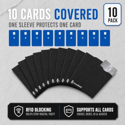 Image of ArmorShield RFID Blocking Sleeves for Credit Cards, 10-Pack Black, USA Made | Blocks unauthorized RFID scans. Slim, waterproof, tearproof. 100% Made in USA.