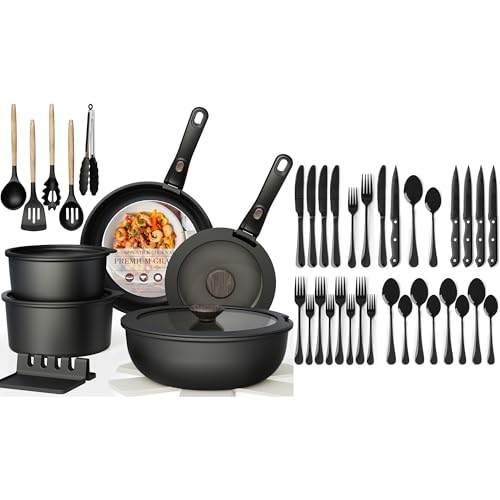 Astercook 21 Pcs Pots and Pans Set Non Stick with 24 Piece Black Silverware Set with Steak Knives