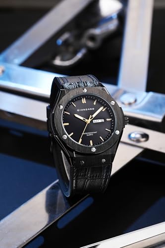 Image of Giordano Analog Watch for Men Round Dial with Leather Band, Day-Date Function and Quartz Movement