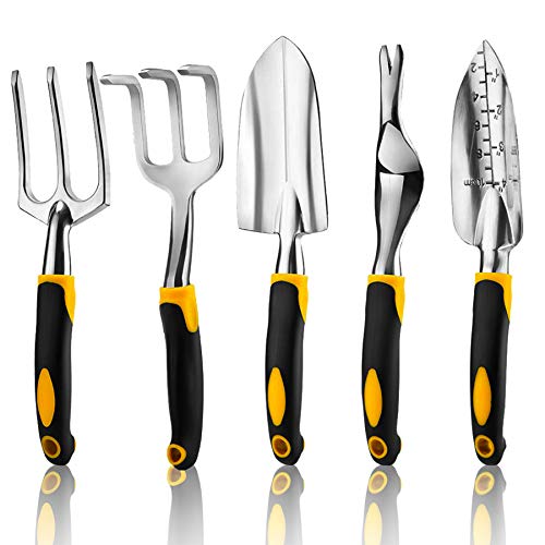 5 Piece Gardening Tools Set Including Trowel, Transplanted, Cultivator, Weedier, Weeding Fork, Garden Tools with Heavy Duty Cast-Aluminium Heads & Ergonomic Handles