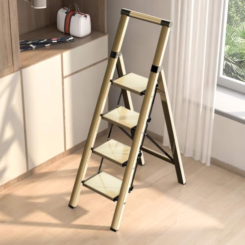 Image of 4 Step Ladder, Folding Step Stool with Anti-Slip and Wide Pedal, Gold Ladder with Handgrip, Lightweight Aluminum Space Saving Stepladder for Home and Kitchen, 300 lbs Capacity