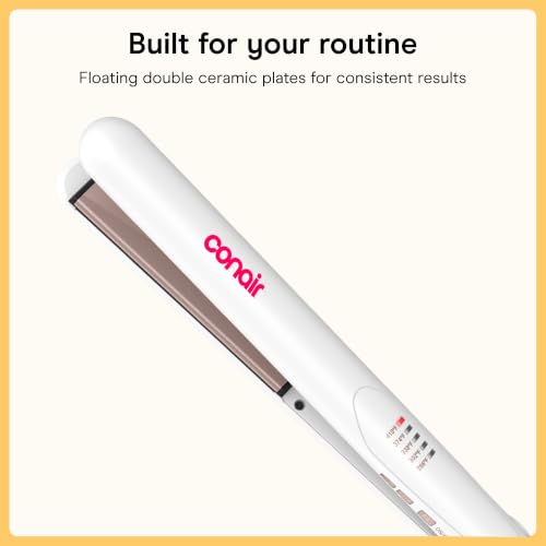 Conair Double Ceramic Flat Iron, 1-Inch Flat Iron Hair Straightener, Five Heat Settings, Extra Long Floating Plates, White