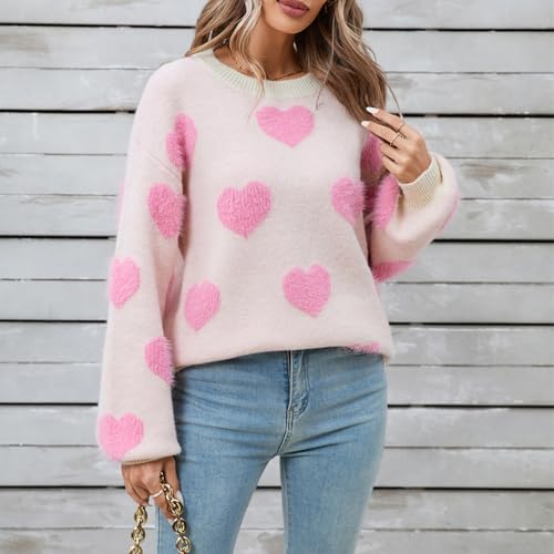 Image of Women's Valentine Love Print Heart Fun Sweater Casual Crewneck Long Sleeve Knit Sweatshirts Pullover Tops