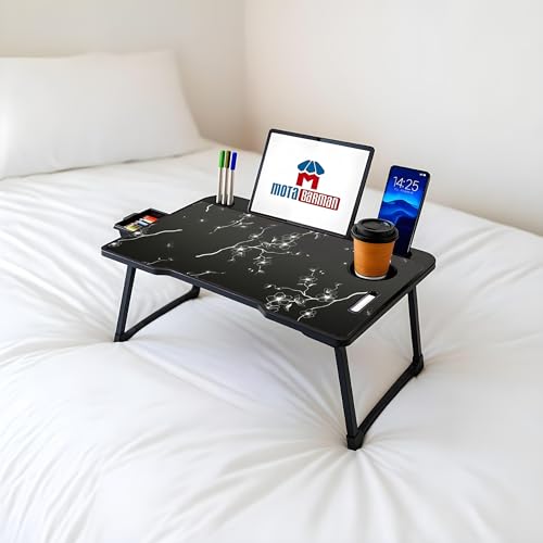Image of Foldable Wooden Laptop Bed Tray Table, Multifunction Lap Tablet Desk with Cup Holder, for Eating Breakfast, Reading Book, Working, Watching Movie on Bed (Flower)
