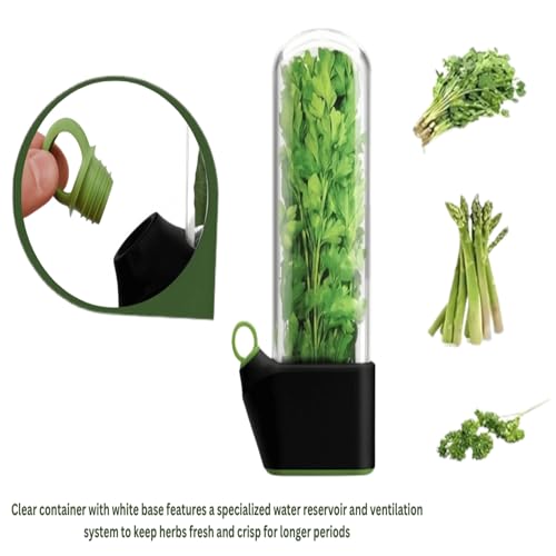 Image of Fresh Herb Storage Container with Herb Peeler, Clear Glass Keeper for Parsley, Asparagus and Herbs,Herb & Vegetable Storage Container for Fridge, Black Base