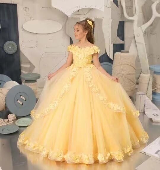 Tulle Flower Girl Dresses for Wedding Lace Applique Pageant Dress Girls Off Shoulder Princess Brithday Party Ball Gown3