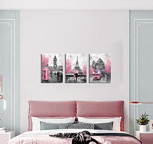Canvaszon Pink And Gray Paris Wall Art Paris Decor For Bedroom Bathroom Girls Room Wall Decor Paris Pictures Rustic Black And White Print Art For Walls 3 Pieces Ready To Hang #TOP4
