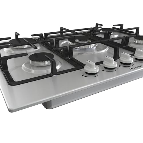 Hisense GM773XF Plaque de cuisson à gaz, 5 zones de cuisson, largeur 70 cm, brûleur wok double couronne et grilles en fonte, allumage intégré, inox anti-empreintes
