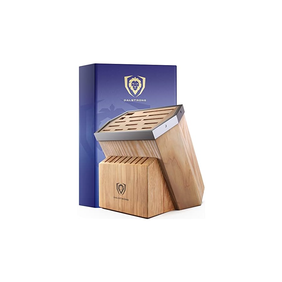 DALSTRONG-Universal-Knife-Block-23-Slots-Premium-American-Ash-Wood-Aluminum-Alloy-Rim-Kitchen-Set-Lion-Head-Logo-Badge-Premium-Craftsmanship-Knife-Set-Angled-For-Ergonomics-Cleans-Easily DALSTRONG Universal Knife Block - 23 Slots - Premium American Ash Wood - Aluminum Alloy Rim Kitchen Set - Lion Head Logo Badge - Premium Craftsmanship Knife Set - Angled For Ergonomics - Cleans Easily