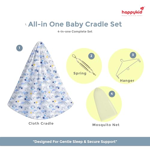 Image of Happykid Baby Cradle Set | Durable Cotton Cloth, Mosquito Net, Spring, Hanger Jhoola, Thottil (Blue)