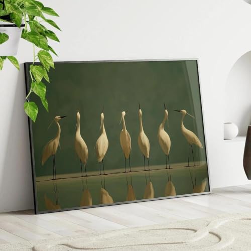 Toile décorative aigrettes élégantes 60x90cm, illustration artistique vert sauge