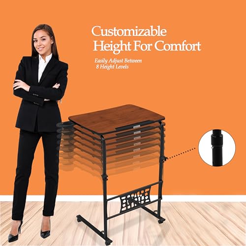 Image of Amazon Basics | Ergo Rise | Sit & Stand | Height Adjustable Laptop Table with Lockable Wheels | Rustic Amber