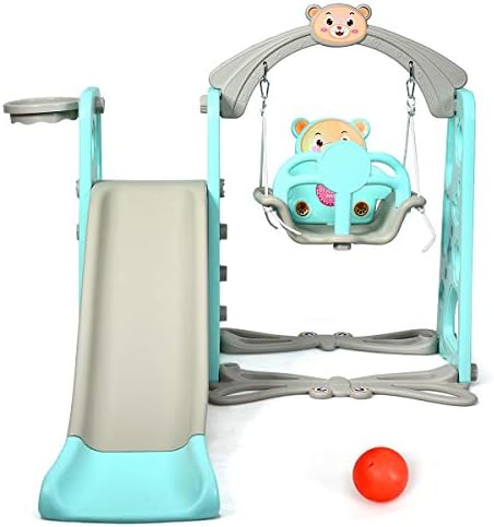 GYMAX Toddler Swing and Slide Set, 4-in-1 Children Climber and Swing Set with Basketball Hoop and Ball, Kids Play Area Playground Set for Indoor Outdoor (Green)