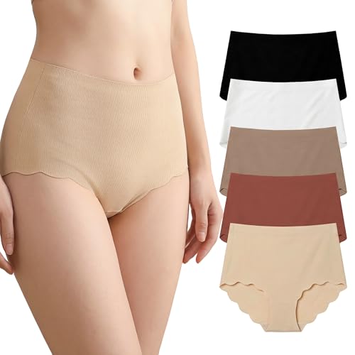 Hellomamma Unterhosen Damen Hohe Taille: Nahtlos Unterwäsche Frauen Microfaser Weich Bequeme Seamless Slip Sexy Wellenrand Unsichtbar unter Leggings Kleid Alltag Sport Mehrpack 5 M Weiß