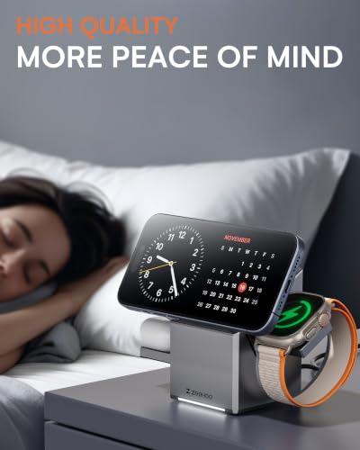 Image of ZEEHOO 3 in 1 Charging Station for Apple, Mag-Safe for iPhone Charger, Certified Rotating Wireless Charger Stand for iPhone 17,16,15,14,13,12 Series, Apple Watch, AirPods (USB-C Charger Included)