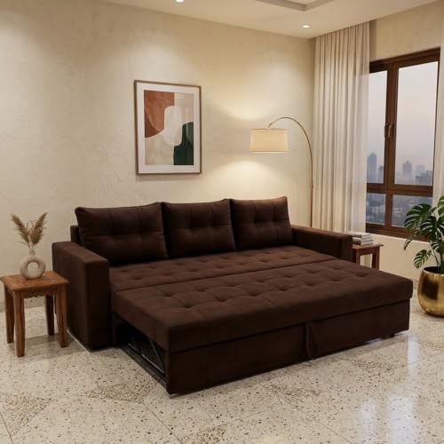 Image of FURNY Tressa 3 Seater Fabric Pull-Out Sofa Cum Bed Function (Dark Brown) | Luxury Velvet Suede Finish | Durable Comfort Sofa Bed for Modern Living Room & Office Spaces