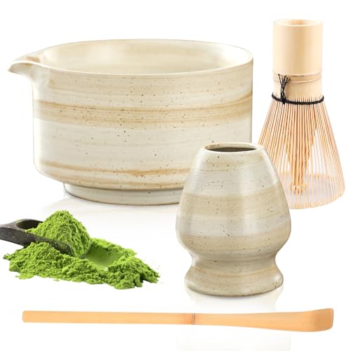 Matcha Whisk Set, 4 Pcs Matcha Set, Matcha Tea Set, Ceramic Matcha Bowl with Whisk, Ceramic Bowl, Scoop & Holder for Matcha Lovers & Enthusiasts