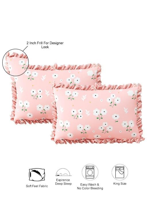 Image of 380 TC Premium Glace Cotton Elastic Fitted Bedsheet King Size with 2 Pillow Covers King Size | Double Bed with All Around Elastic (Pink Frill, Fitted - 72 inchx78 inch King)