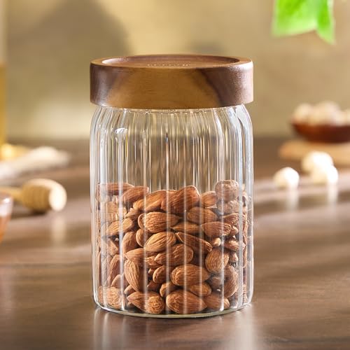 Image of Borosil Glass Jar with Acacia Wood Lid | Borosilicate Glass Storage Jar for Dry Fruits, Spices & Snacks | Airtight Glass Container for Kitchen & Pantry (Linea, 900ml)